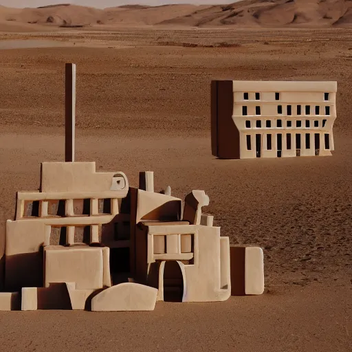 Image similar to big scale baby toy hotel in the dessert, cubism