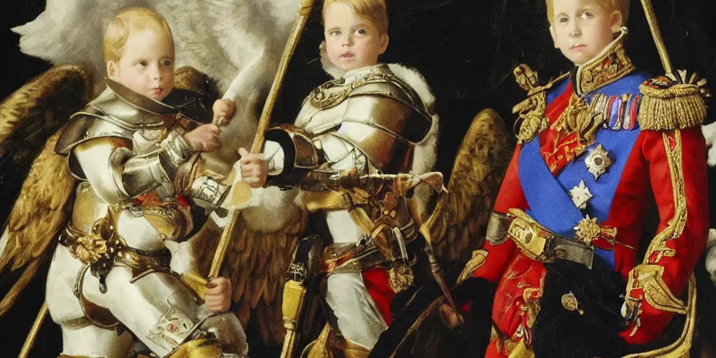 Prompt: photo of prince william, duke of cambridge wearing knight's armor with heavenly angels surrounding him