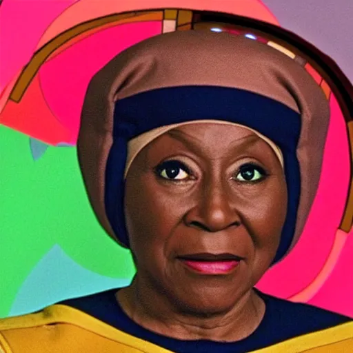 Prompt: guinan from star trek wearing random colored circles and shapes and angles on her head on the starship enterprise