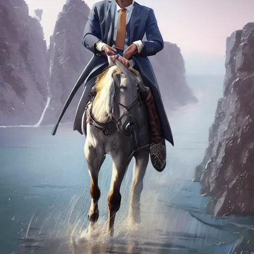 Prompt: luxury advertisement, a highly detailed epic cinematic concept art CG render digital painting artwork: riding in a saddle on a horse is a blond female accountant in a blue suit with glasses. By Greg Rutkowski, Ilya Kuvshinov, WLOP, Stanley Artgerm Lau, Ruan Jia and Fenghua Zhong, trending on ArtStation, made in Maya, Blender and Photoshop, octane render, excellent composition, cinematic atmosphere, dynamic dramatic cinematic lighting, aesthetic, very inspirational, arthouse