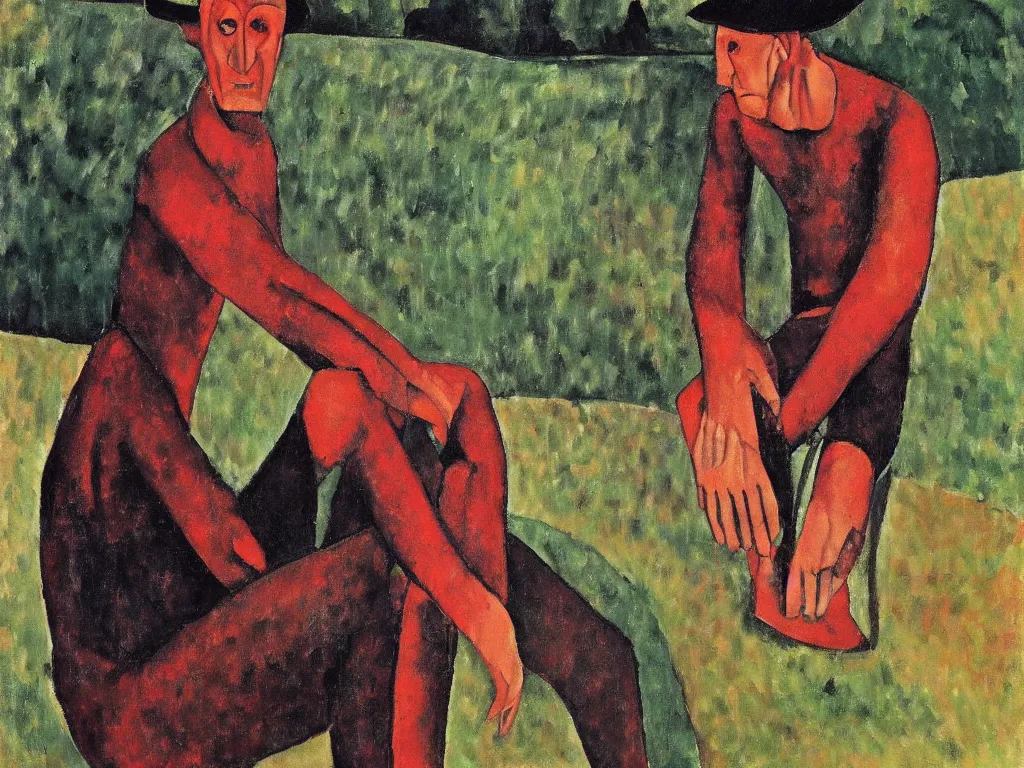 Image similar to Freddy Krueger,sitting alone in nature, painted by Amedeo Modigliani