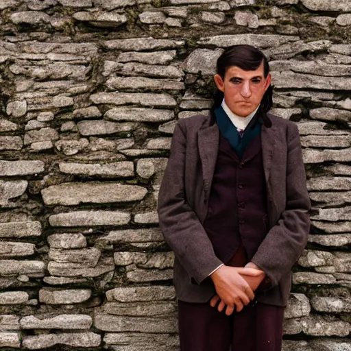 Prompt: Portrait of a terrified young man on the verge of tears in 1930s attire with long hair cornered against a stone wall. He is looking utterly panicked and distressed. 4K sigma 85mm