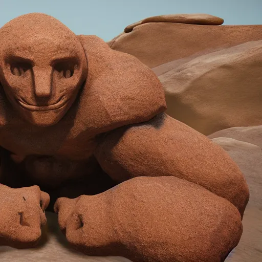 Image similar to a brown rock golem, unreal engine, path tracing