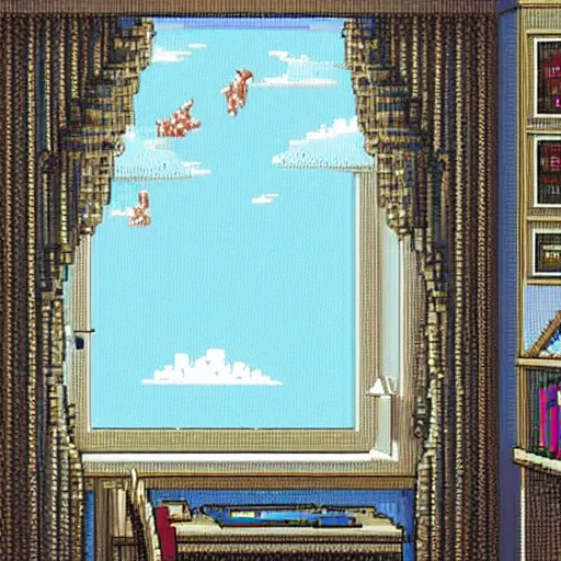 Prompt: view from corner looking into a 9 0 s bedroom, beautiful detailed pixel art, intricate details, beautiful, dithered gradients, volumetric lighting, 3 d illustration, old school computer game graphics, crpg, d & d, pixel art
