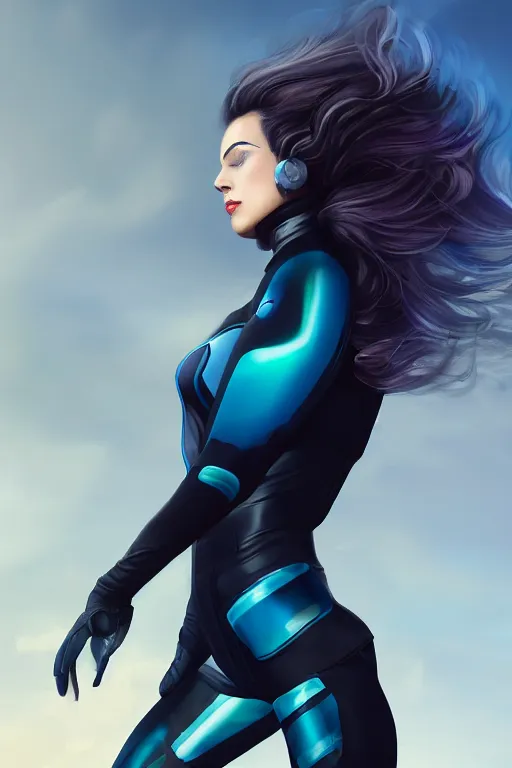 Image similar to a stunning picture of a beautiful young woman wearing futuristic deep black battle bodyarmor and leggings with ombre navy blue teal hairstyle blowing in the wind by marvel comics, digital art, trending on artstation