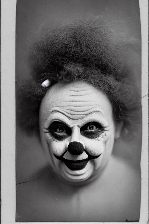 Image similar to old realistic photo of face of a female clown, photograph, early 1 9 0 0's, black and whitehighly detailed, matte, sharp focus, smooth, sharp focus, illustration