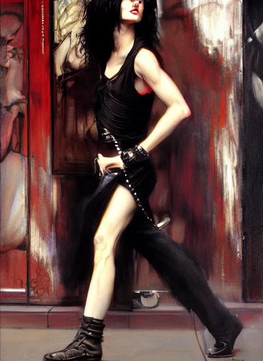 Prompt: androgynous glam rocker outside cbgb in the style of phil hale, sfumato Orientalist portrait by john william waterhouse and James Gurney and Theodore Ralli and Nasreddine Dinet, Syd Mead, Phil Hale, oil on canvas. Cinematic, hyper realism, realistic proportions, dramatic lighting, high detail 4k