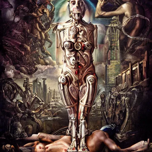 Image similar to the blasphemous caricature of the human body, cyborg, hyperealistic detailed photography, divinity, awful, religious art, cyberpunk