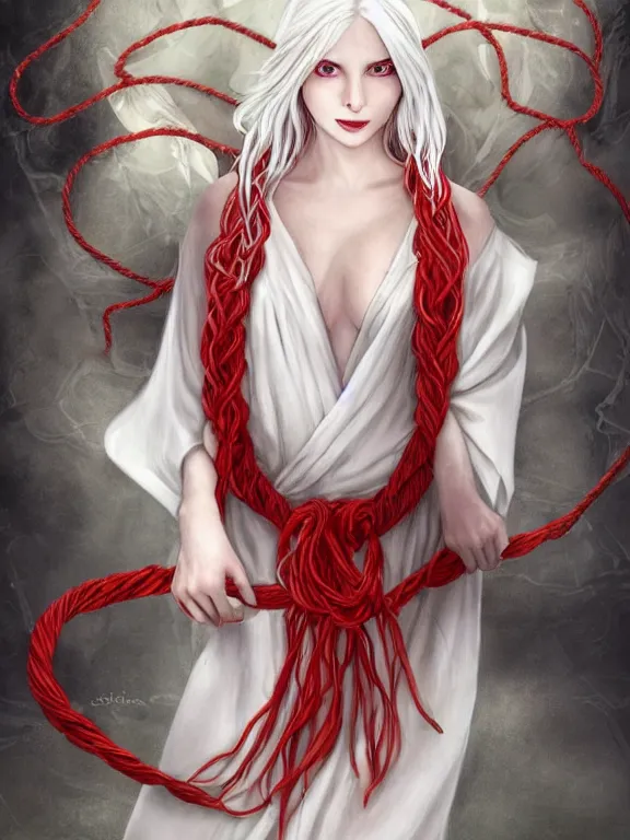 Image similar to hyper-realistic illustration of a gorgeous!!! woman with long white hair, pale skin, devilish horns, red eyes | wearing a white and red kimono & large rope tied around her wait with two giant bells at the ends | holding an old, tattered, beat up book | casting a magical spell | surrounded by Will-o'-the-wisp, spirits | cyberpunk, grunge, android, geisha, elf | digital painting, artstation, concept art, character design, sharp focus, illustration, highly detailed, smooth | drawn by WLOP, drawn by sakamichan, drawn by ross tran, drawn by peter kemp, drawn by hikari shimoda, drawn by Dao Trong Le, drawn by Alex Flores | fantasy, dungeons and dragons, dark, evil