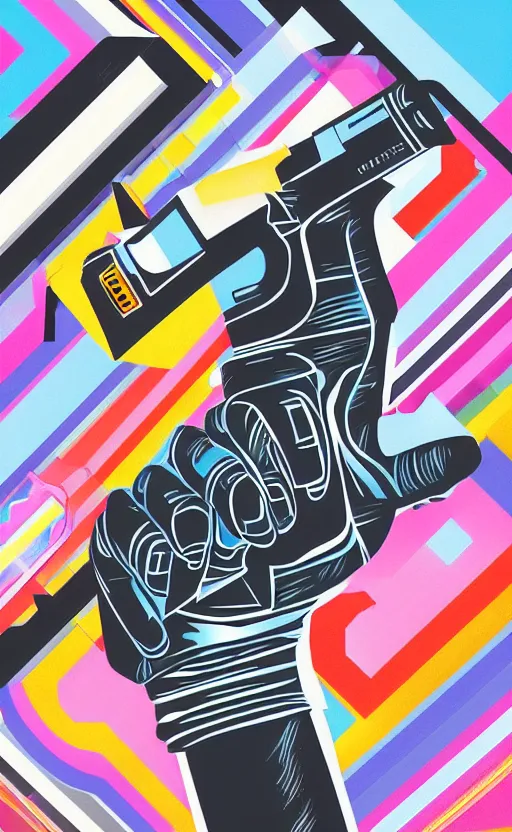 Image similar to “ hand in glove holding laser gun from the side, geometric, retro, digital art, award winning ”