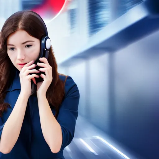 Prompt: a girl talking on a phone, wearing business clothes, marvel movie poster style, 8 k