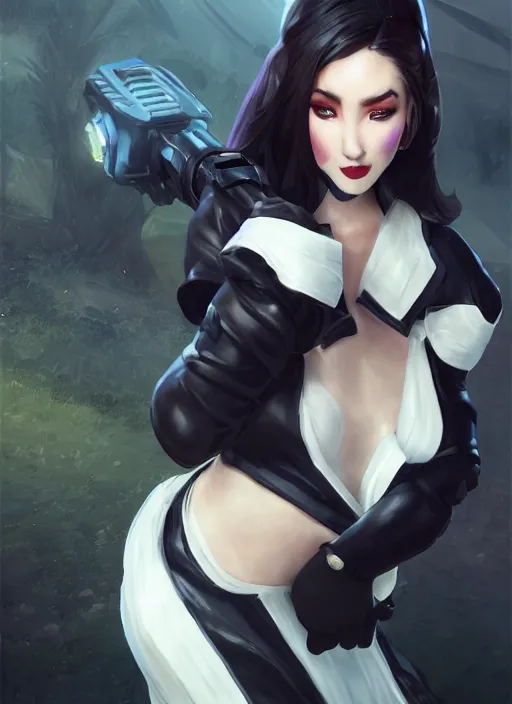 Image similar to caitlyn from league of legends, wearing black dress police uniform, white skirt, hyper detailed, digital art, trending in artstation, cinematic lighting, studio quality, smooth render, unreal engine 5 rendered, octane rendered, art style by klimt and nixeu and ian sprigger and wlop and krenz cushart