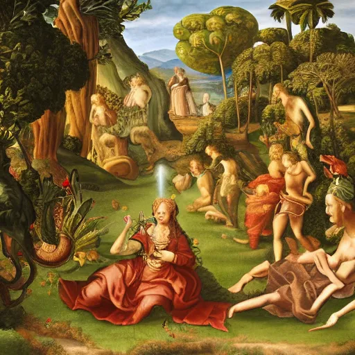 Image similar to high quality, high detail painting, renaissance, high garden scene with quetzalcoatl, hd, muted lighting