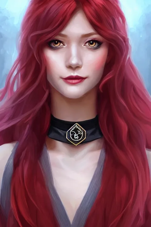 Prompt: a full body portrait of a gorgeous female ranger, looking at camera, D&D, choker on neck, stylish dress, very long flowing red hair, intricate, elegant, stylish, cute slightly nerdy smile, mouth slightly open, fantasy, extremely detailed, digital painting, artstation, concept art, smooth, sharp focus, illustration, stunning lighting, art by artgerm and greg rutkowski and alphonse mucha and simon stalenhag