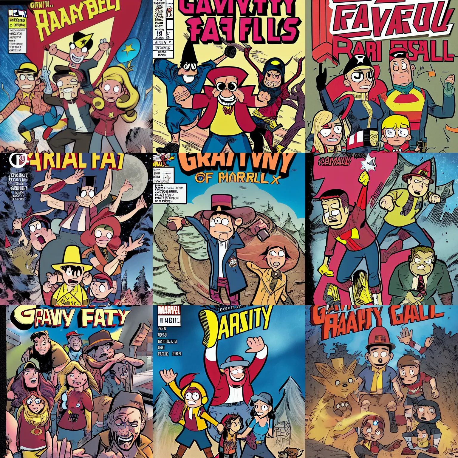 Prompt: gravity falls as a realistic marvel comic book cover