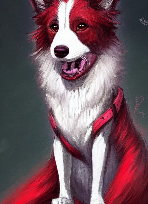 Image similar to full body digital painting of a cute male anthropomorphic border collie fursona wearing a red collar and standing outside, furaffinity, intricate, elegant, beautiful, fantasy, highly detailed, trending on artstation, art by charlie bowater and henry asencio and and ross tran