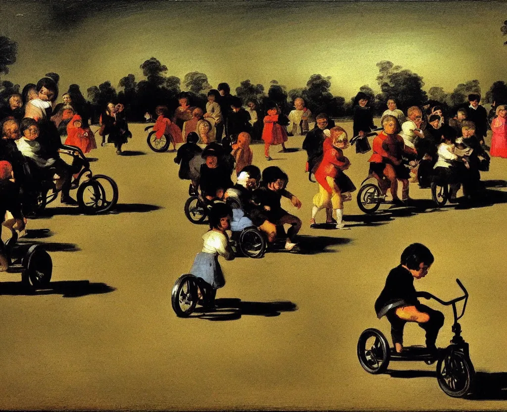 Image similar to children riding tricycles in the park, in the style of francisco goya's black paintings