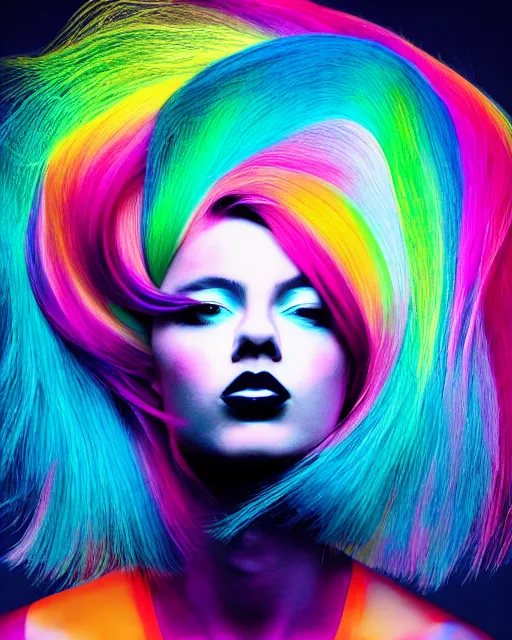 Prompt: dynamic hair flip, chic graphic street fashion model, color interference, high fashion photograph portrait, WLOP, Alexis Franklin, Felipe Pantone