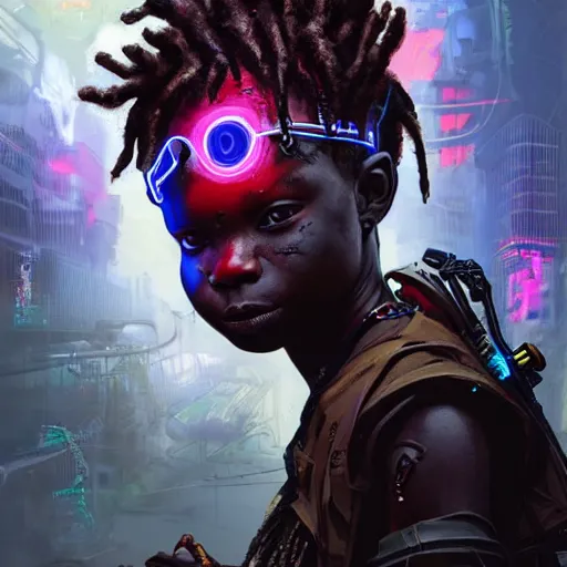 Image similar to a dark and ominous cyborg african child soldier with glowing eyes and dreadlocks, neon graffiti, Apex Legends character digital illustration portrait design, by android jones and greg rutkowski in a cyberpunk voodoo style, retrowave color scheme, detailed, cinematic lighting, wide angle action dynamic portrait