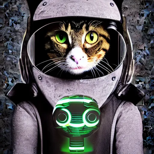 Image similar to portrait of a cute cyberpunk cat, realistic, futuristic, robot, professional photography