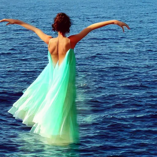 Image similar to a woman dancing over the ocean, beautiful, surreal dress