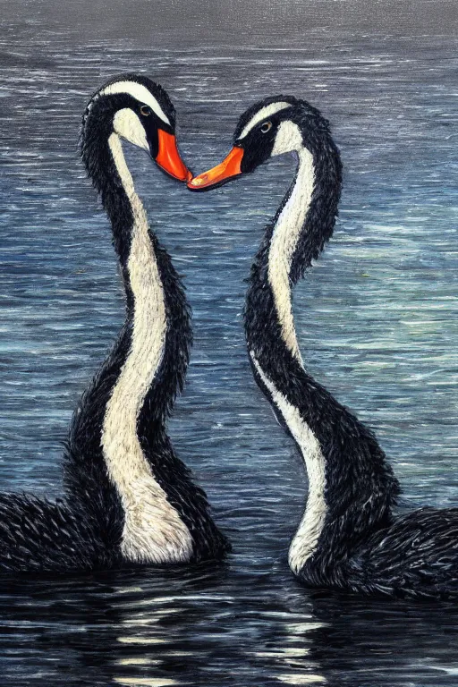 Image similar to !dream two black swans swimming, touching heads, forming a heart with their necks, oil on canvas, intricate, 8k highly professionally detailed, HDR, CGsociety