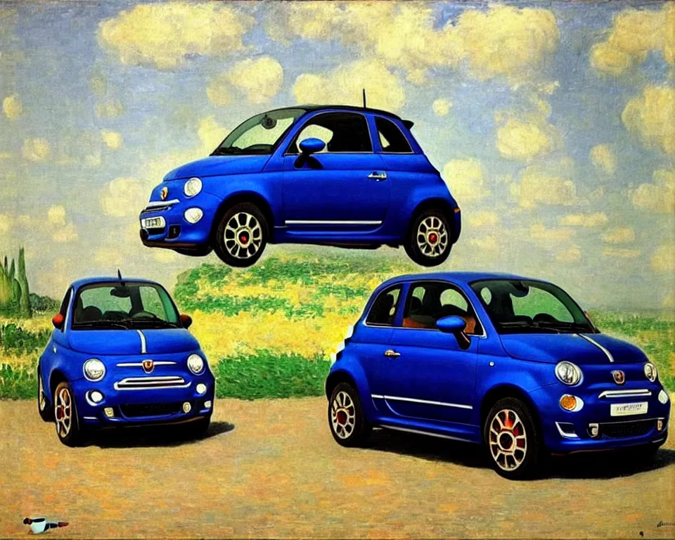 Prompt: achingly beautiful painting of a 2 0 1 3 fiat 5 0 0 abarth by rene magritte, monet, and turner.