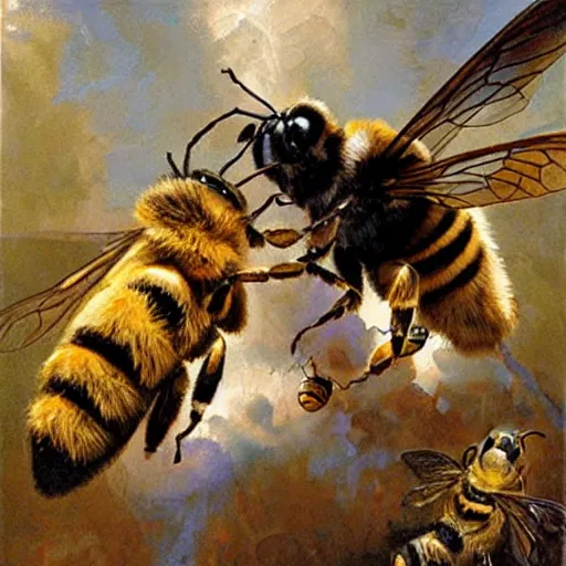 Image similar to Nicholas cage punching a giant bee, painted by james gurney