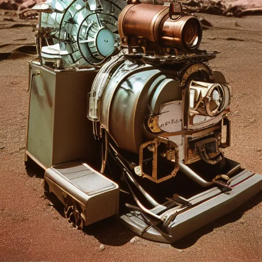 Image similar to steam punk machinery terraforming mars, kodachrome, in style of Addy Campbell, 35mm, graflex, color film photography, white background,