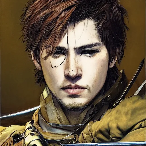 Image similar to portrait of a young white hero using his right arm to hold his sword covering his eye by yoji shinkawa, high quality, extra details, realism, ornate, colored, golden chain, blood, white skin, short hair, brown eyes, vivid, sunlight, dynamic, american man, freedom, white american soldier, painting, cybernetics, military