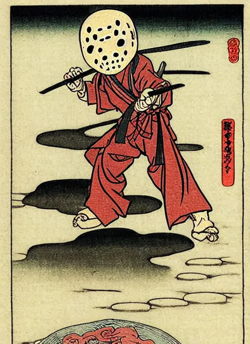 Image similar to jason voorhees as a yokai illustrated by kawanabe kyosai and toriyama sekien