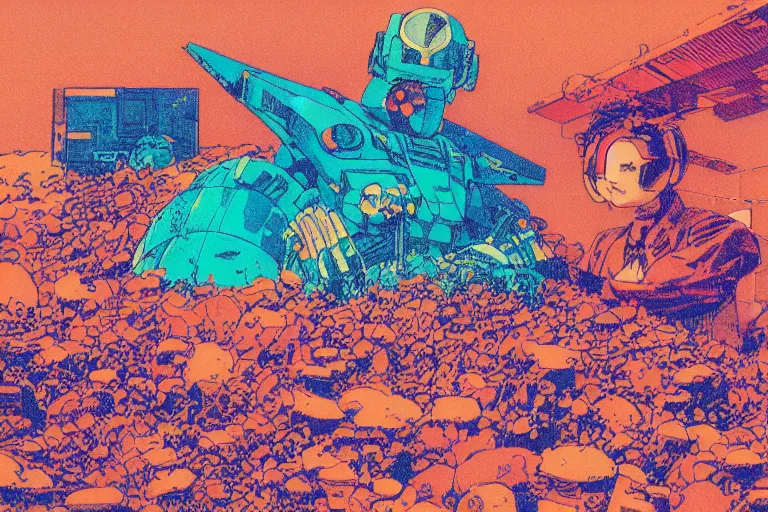 Image similar to risograph grainy drawing vintage sci - fi, satoshi kon color palette, gigantic gundam full - body covered in dead coral reef, 1 9 8 0, kodachrome, natural colors, comicbook spreadsheet, codex seraphinianus painting by moebius and satoshi kon and dirk dzimirsky close - up portrait