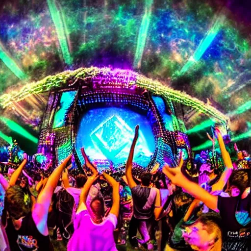 Image similar to Psytrance festival scene with people dancing