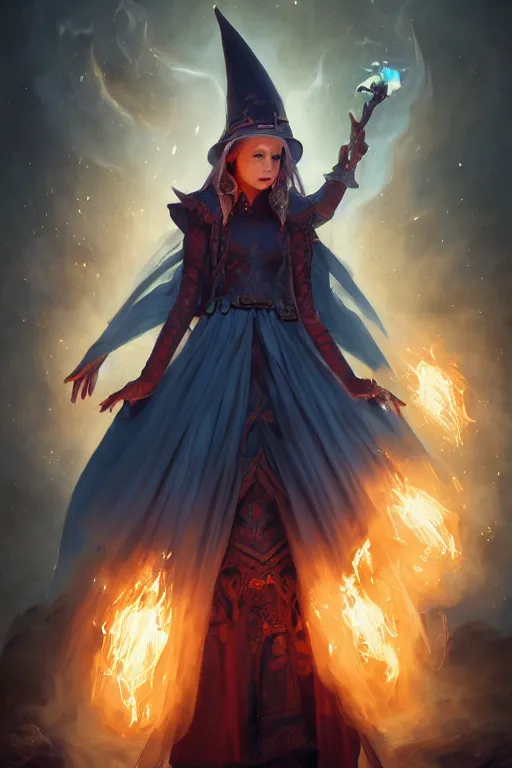 Image similar to a fancy portrait of a beautiful dark magician girl wearing a large witches hat covered in light blue flames flames by Greg Rutkowski, Sung Choi, Mitchell Mohrhauser, Maciej Kuciara, Johnson Ting, Maxim Verehin, Peter Konig, final fantasy , mythical, 8k photorealistic, cinematic lighting, HD, high details, atmospheric,