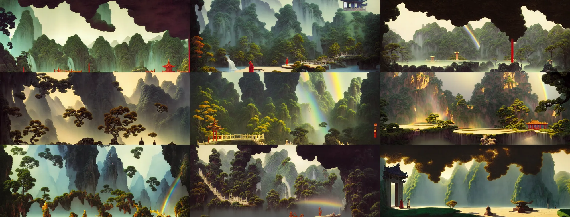 Image similar to a gorgeous landscape painting by barlowe wayne, maxfield parrish and marco mazzoni. chinese temple. rainbow, rainy mood!! sunny morning. a lonely chinese wuxia walks on the winding stone steps, stone gate to the dark cave, 3 d, octane render, turbulent lake, waterfall, fog, 8 k.