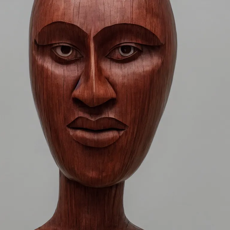 Image similar to enormous geometric minimalist accurate standing figurative sculpture of park shin - hye, beautiful symmetrical!! face accurate face detailed face realistic proportions, hand - carved out of mahogany wood on a pedestal by stephan balkenhol and martin puryear, cinematic lighting shocking detail 8 k