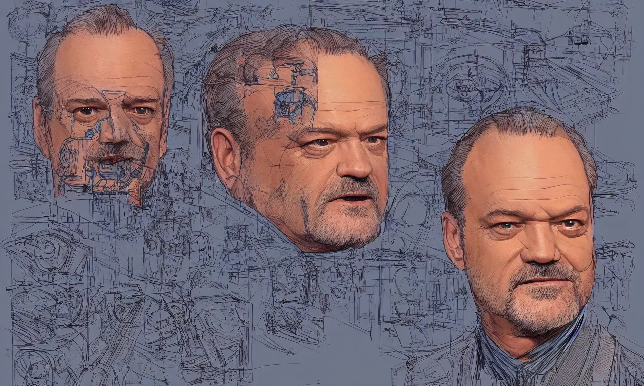 Image similar to annotated highly - detailed and intricate 4 5 degree isometric cross - section of kelsey grammer's head + colored marker concept art style rendering + half blueprint + tetrachromacy + john berkey + vincent di fate + ralph mcquarrie + center frame : : annotations : : crane : : - 1