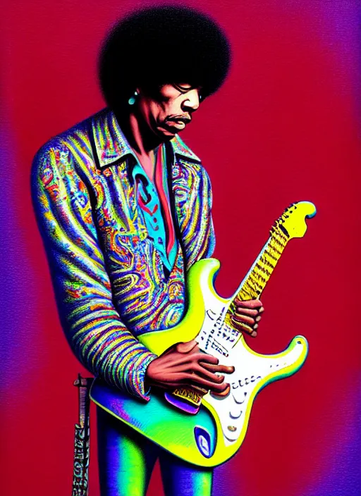 Prompt: hyper detailed 3d render like a Oil painting - Jimi Hendrix aerochrome and milky Fruit holding a left-handed white stratocaster guitar in his left hand, iridescent paisley patterns by Jacek Yerka, Ilya Kuvshinov, Mariusz Lewandowski, Houdini algorithmic generative render, Abstract brush strokes, Masterpiece, Edward Hopper and James Gilleard, Zdzislaw Beksinski, Mark Ryden, Wolfgang Lettl, hints of Yayoi Kasuma, octane render, 8k