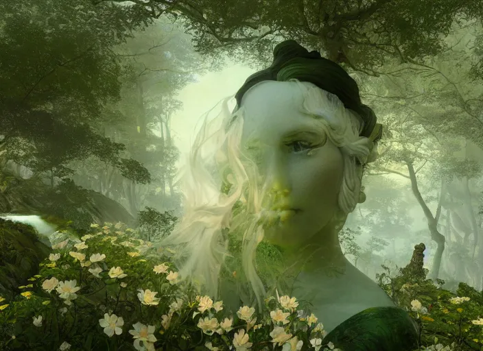 Image similar to a portrait of idealistic marble statue with fractal flowery hair and fair porcelain face and green eyes, in a magical forest, painted by, mc escher, gordon onslow ford, georgia o'keeffe and ivan aivazovsky, cinematic light, god rays, colourful, watercolour, unreal engine, zbrush central,