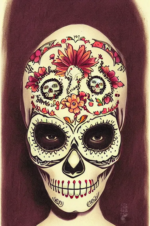 Prompt: Illustration of a sugar skull day of the dead girl, art by ralph mcquarrie