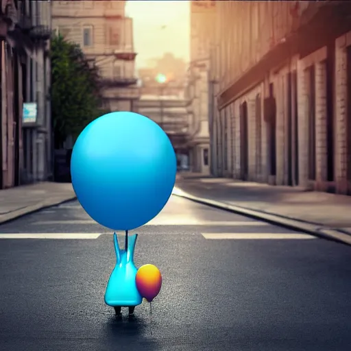 Image similar to 3 d render of a blue balloon dog in a street, octane render