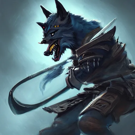 Image similar to anthropomorphic Azure samurai wolf, DnD character art portrait, matte fantasy painting, magic the gathering artwork, D&D, fantasy, cinematic lighting, centered, symmetrical, highly detailed, digital painting, artstation, concept art, smooth, sharp focus, illustration, volumetric lighting, epic Composition, 8k, art, DeviantArt, trending on Artstation, Jason Felix, Steve Argyle, Tyler Jacobson, Peter Mohrbacher, Greg Rutkowski, Craig Mullins, cinematic lighting H- 768