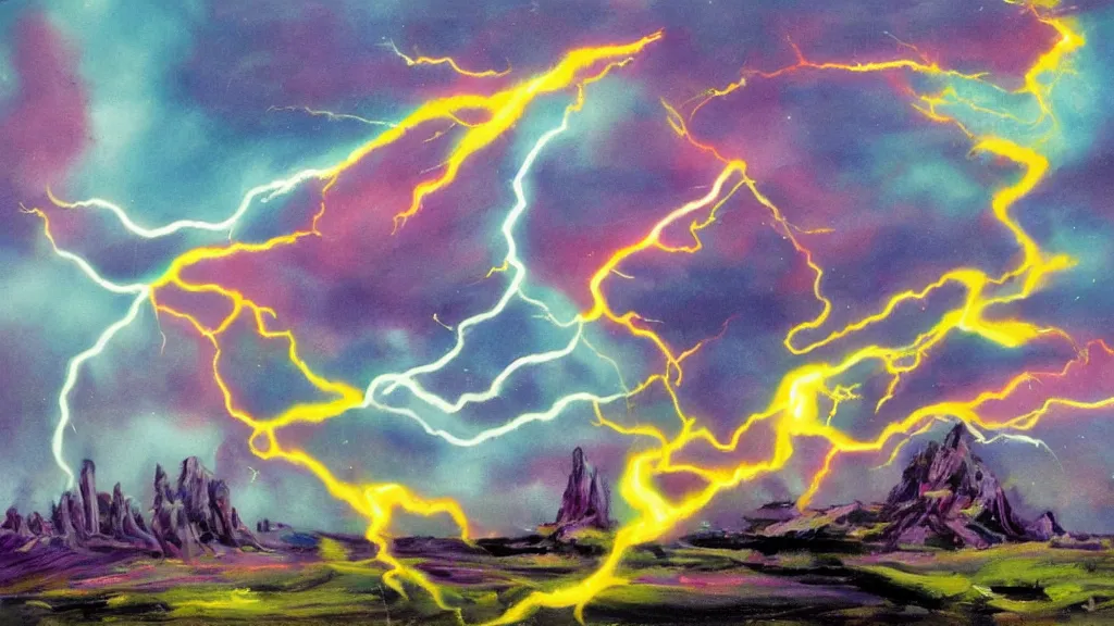 Prompt: juicepunk surrealistic lightning bolt prairie