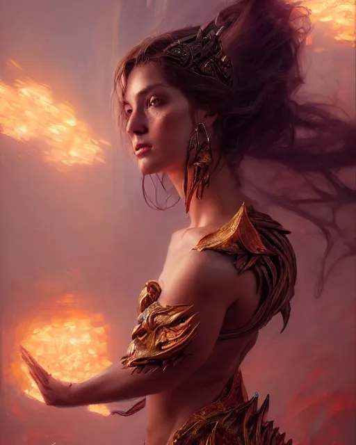 Image similar to daniel gerhartz and wlop and tom baghshaw, detailed portrait, digital painting of a beautiful half - tiger half - woman, evil mood, throne room in the background, embers flying, unreal engine, hyper realism, realistic shading, cinematic composition, blender render, octane render, ultrawide shot