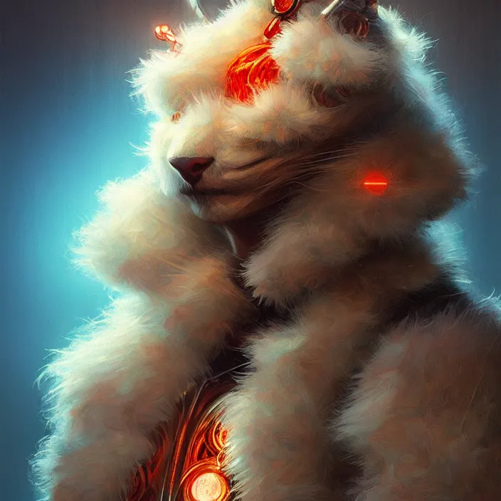 Prompt: psychedelic fluffy furry animal cyborg, diffuse lighting, fantasy, intricate, elegant, highly detailed, lifelike, photorealistic, digital painting, artstation, illustration, concept art, smooth, sharp focus, art by John Collier and Albert Aublet and Krenz Cushart and Artem Demura and Alphonse Mucha