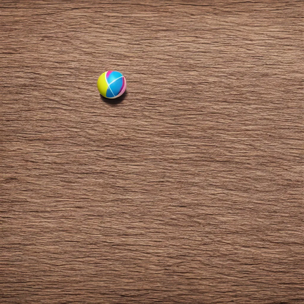 Image similar to close up of round beach ball on top of a wooden table, 8k, high detail, photorealistic, proper shading