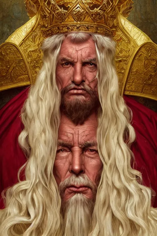 Image similar to Portrait of historically accurate, ancient biblical, sultry, sneering, evil, pagan, old kindah kingdom king, muscular, wearing gilded red royal robes, long white hair, intricate, elegant, highly detailed, digital painting, artstation, concept art, smooth, sharp focus, illustration, art by artgerm and greg rutkowski and alphonse mucha and andrei riabovitchev