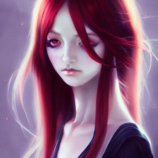 Image similar to facial portrait of a young pretty anime woman, long red hair, dark eyes, gothic eyeliner, character concept art, headshot, Charlie Bowater, Anna Dittmann, WLOP, Rumiko Takahashi, Akihiko Yoshida, Hyung-tae Kim, alexander mcqueen, trending on Artstation