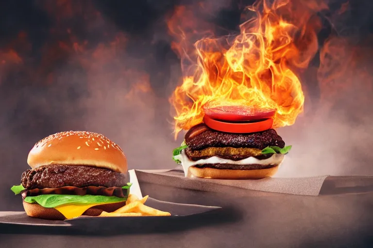 Image similar to mcdonalds hamburger on fire, commercial photography