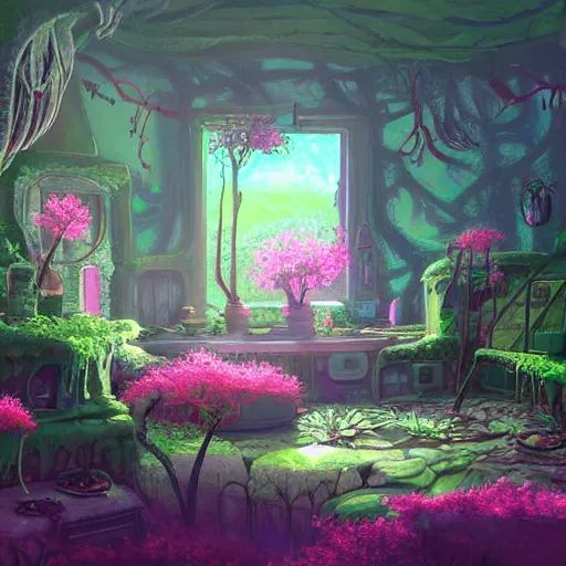 Prompt: concept art painting of a interior of a fungal cozy alien fantasy cottage, with black vines and magenta plants, realistic, detailed, cel shaded, dark, in the style of makoto shinkai and greg rutkowski and james gurney